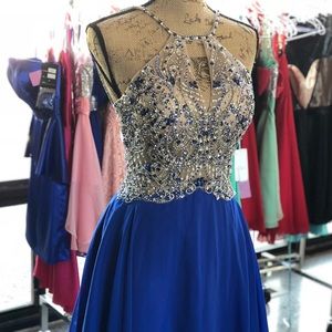 Blue low back cocktail dress